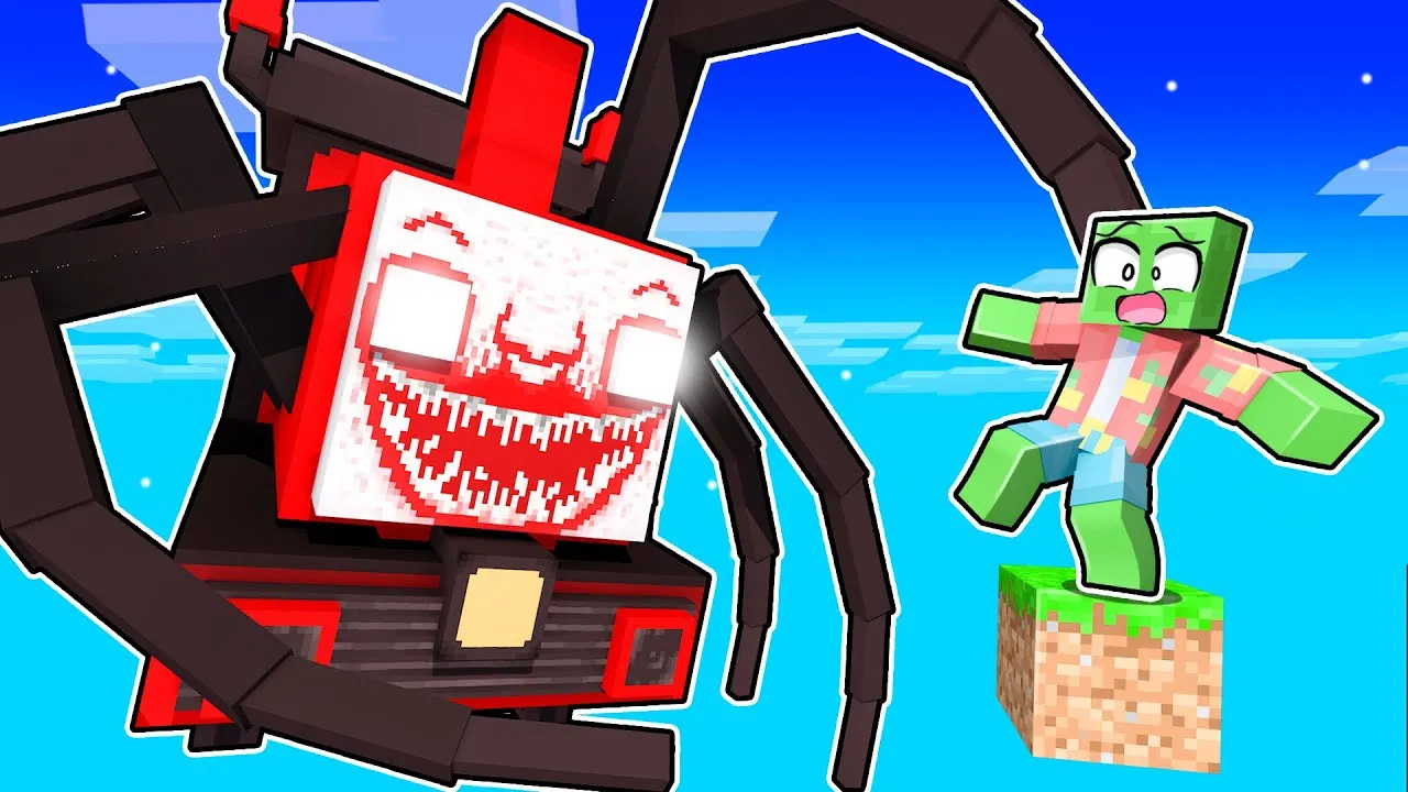 Thumbnail for "One BLOCK Skyblock with CHOO CHOO CHARLES in Minecraft!" on Slime Block